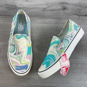 Vans Slip-On Marble Print Sneakers in Teal, Pink & Cream